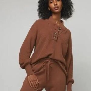 Lunya | Cozy Cotton Silk Waffle Knit Henley Sweater in Warm Brown, Size M